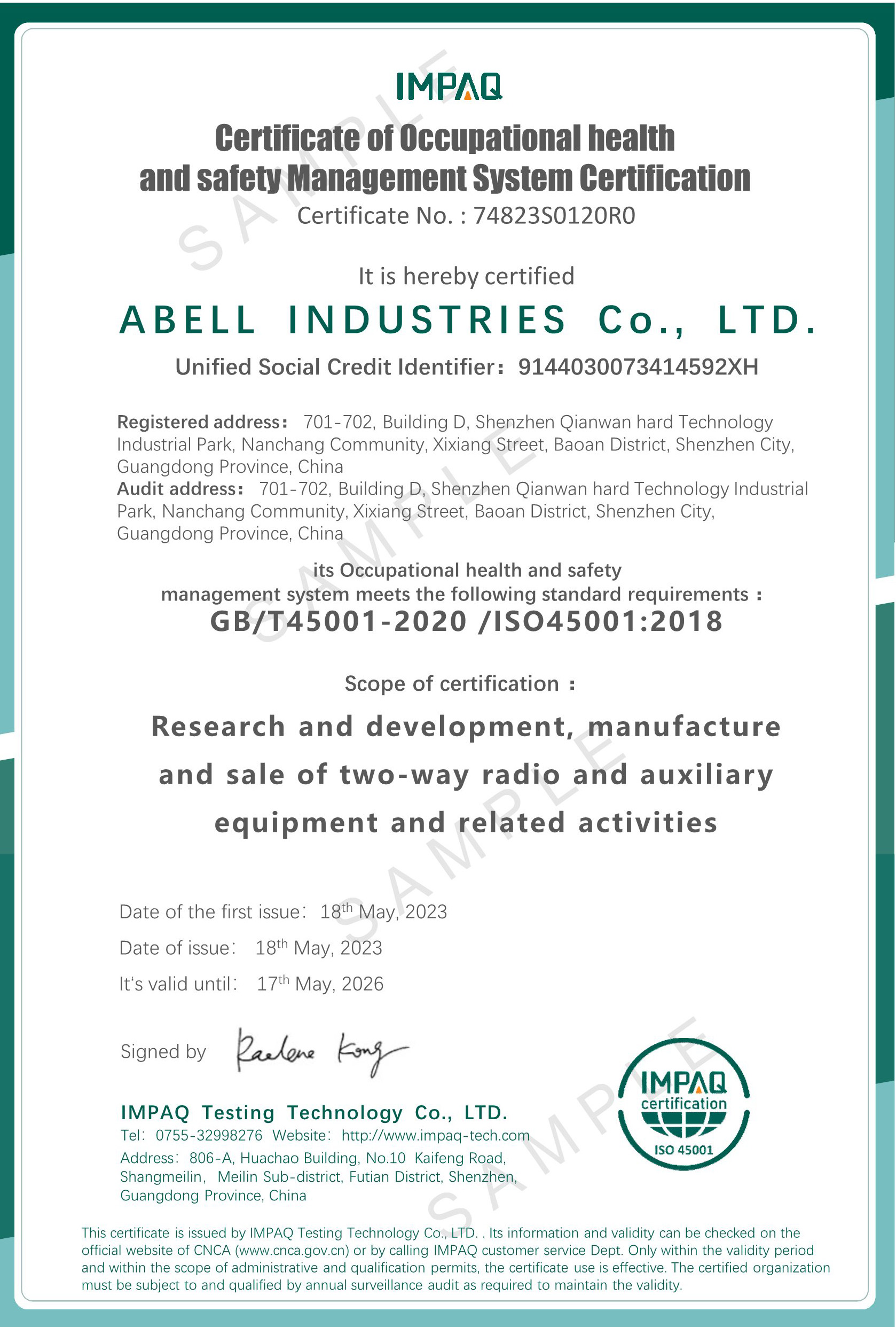 In May 2023, ABELL received certifications for its Occupational Health and Safety Management System.