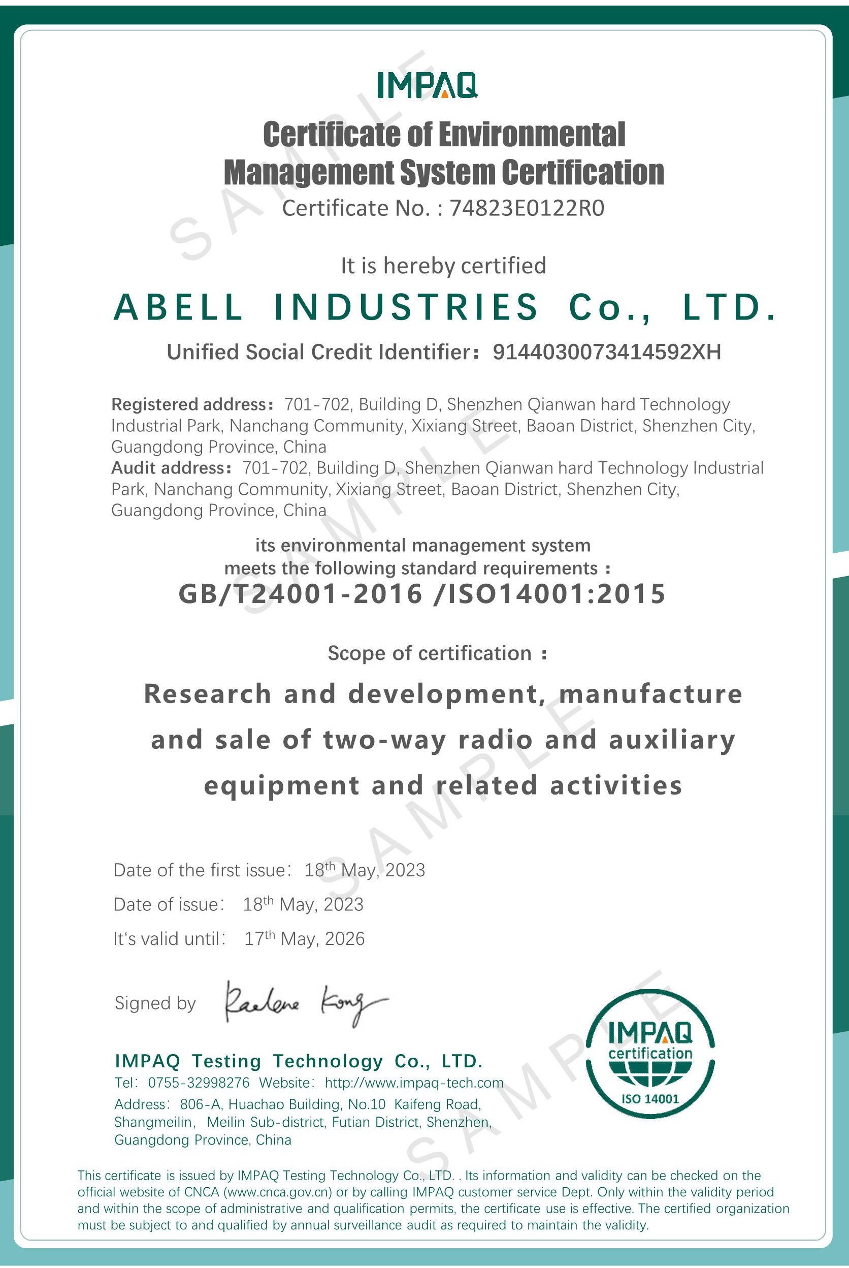 In May 2023, ABELL received certifications for its Environmental Management System.